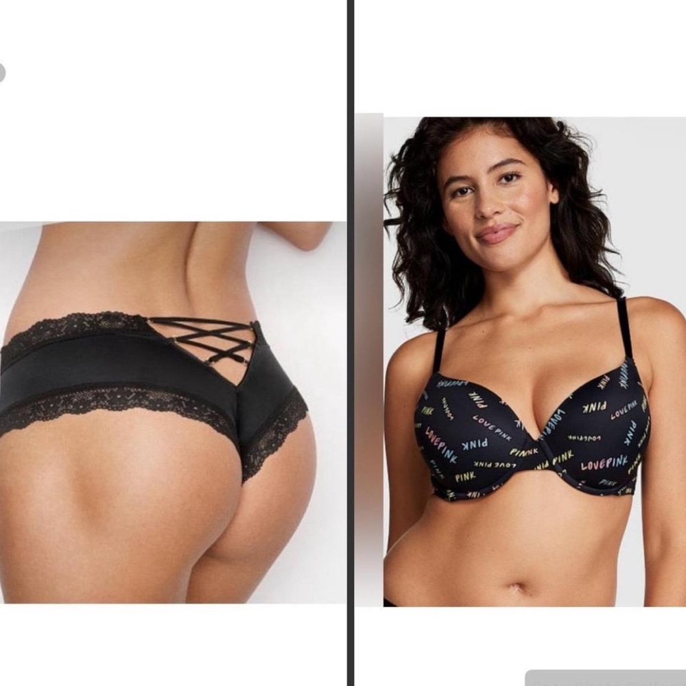 NWT Victoria Secret pink Bra & Strappy Lace Cheeky Panties SET